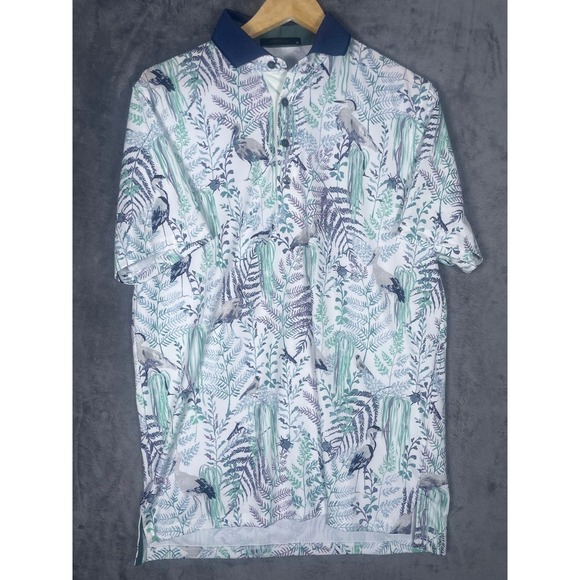 Greyson Clothiers Other - Greyson Mens Medium Golf Polo Shirt White Blue Heron Botanical Print Performance